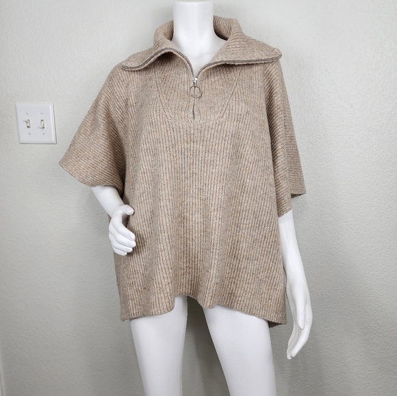 Loft Relaxed Medium Sleeve Turtleneck Poncho Tan Sweater Size M/L - Picture 2 of 10